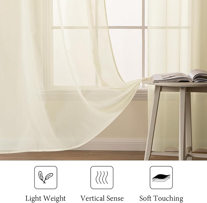 MIULEE Light Cream Sheer Curtains 96 inches Long Window Curtains 2 Panels Solid - Image 4