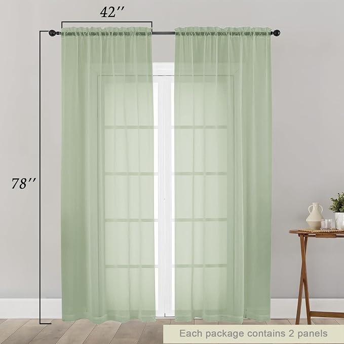 Light Green Sheer Curtain for Bedroom Living Room 78 Inches Long 2 Panels Set - Image 2