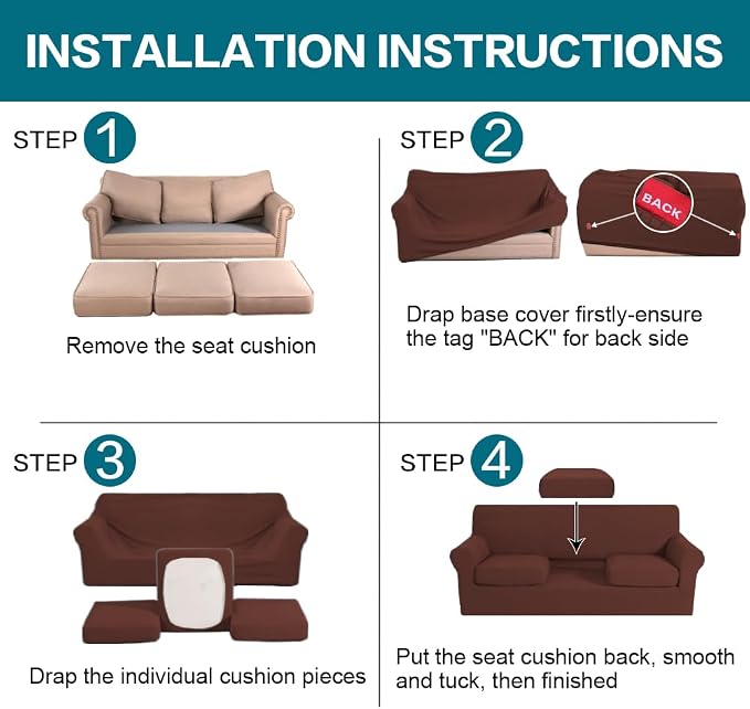 Turquoize 4 Piece Sofa Covers for 3 Cushion Couch Sofa Slipcover Soft Couch - Image 6