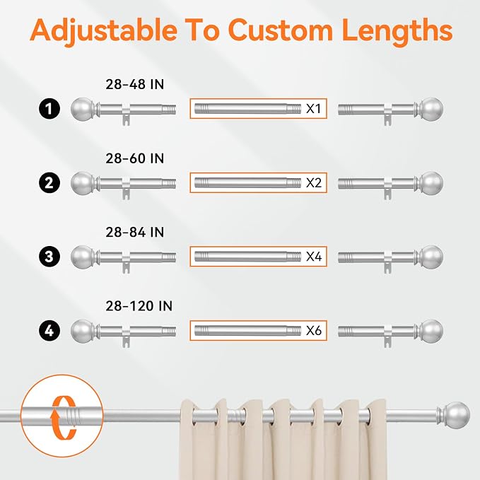 Silver Curtain Rods for Windows 28 to 48 Inch, 5/8" Diameter Heavy Duty Metal - Image 4