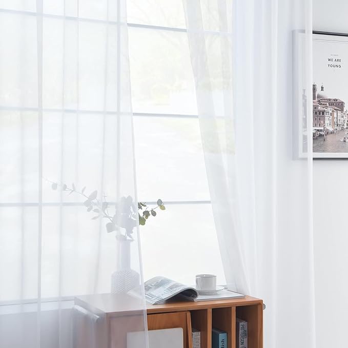 youleyar Solid Sheer Rod Pocket Curtain Voile Draperies 2 Panels White Beige - Image 3