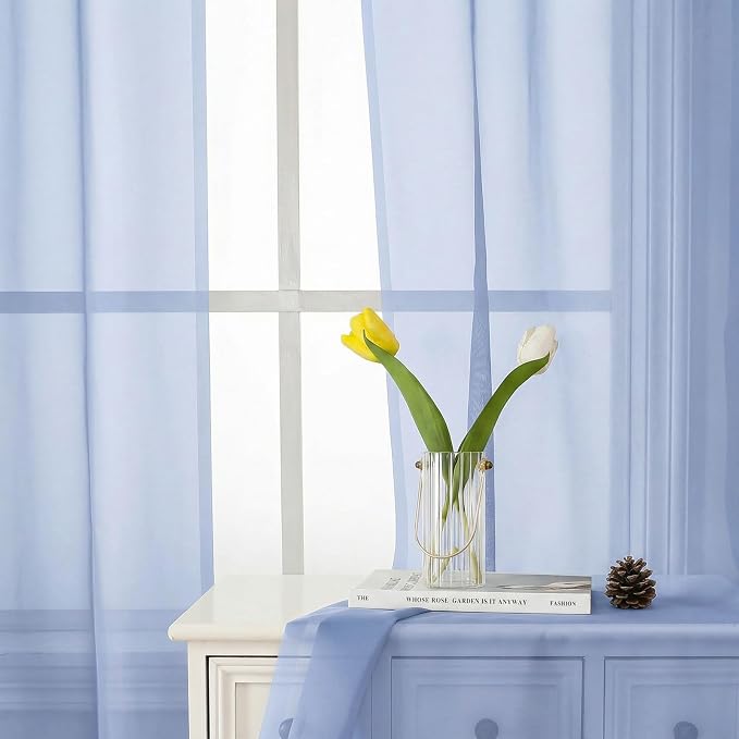 Lecloud Denim Blue Sheer Curtains 96 Inches Long 2 Panels, Rod Pocket Light - Image 2