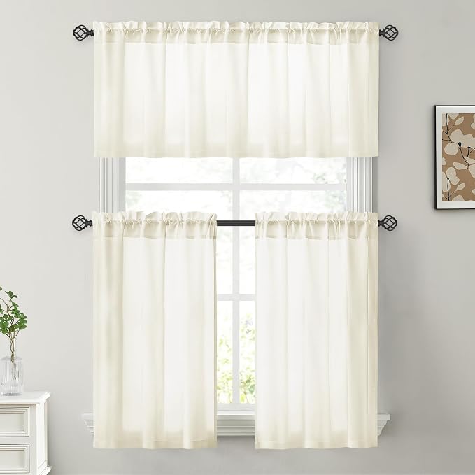 HOMEIDEAS Non-See-Through Cream Yellow Privacy Sheer Kitchen Curtains, 30 X 36 - Image 2