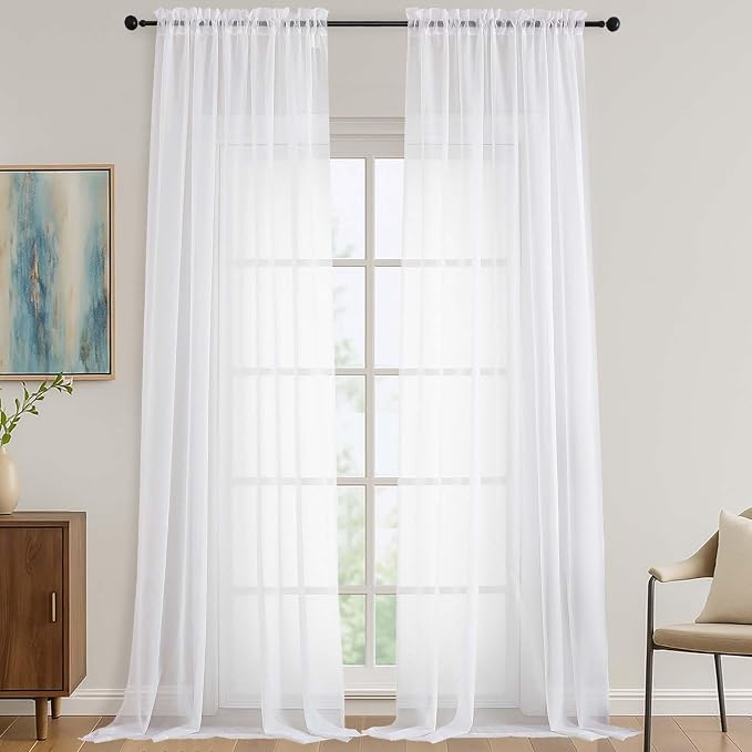 OVZME White Sheer Curtains 108 Inches Long 2 Panels Set, Extra Wide Solid by OVZME