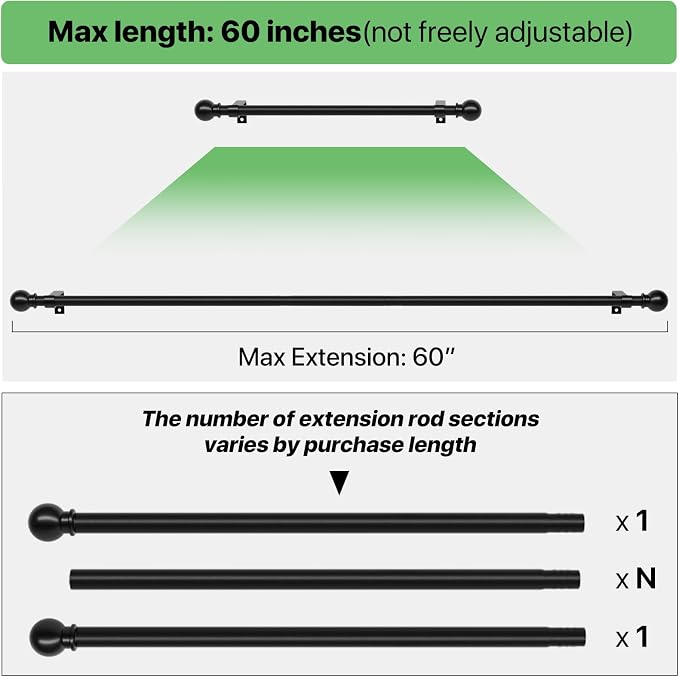 2 Pack Black Metal Curtain Rods, 28-60 inch, Heavy Duty, Adjustable, Wall - Image 4