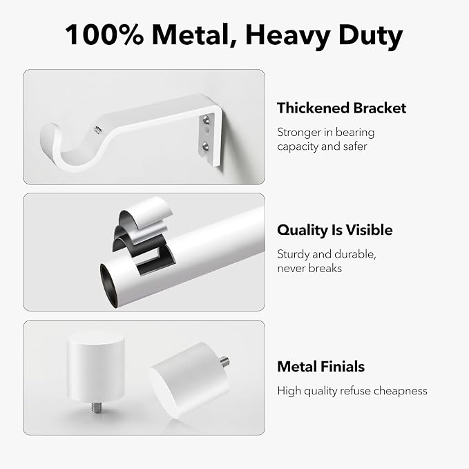 IFELS Heavy Duty Curtain Rods for Windows 66 to 120 Inch, 1 Inch White Curtain - Image 4
