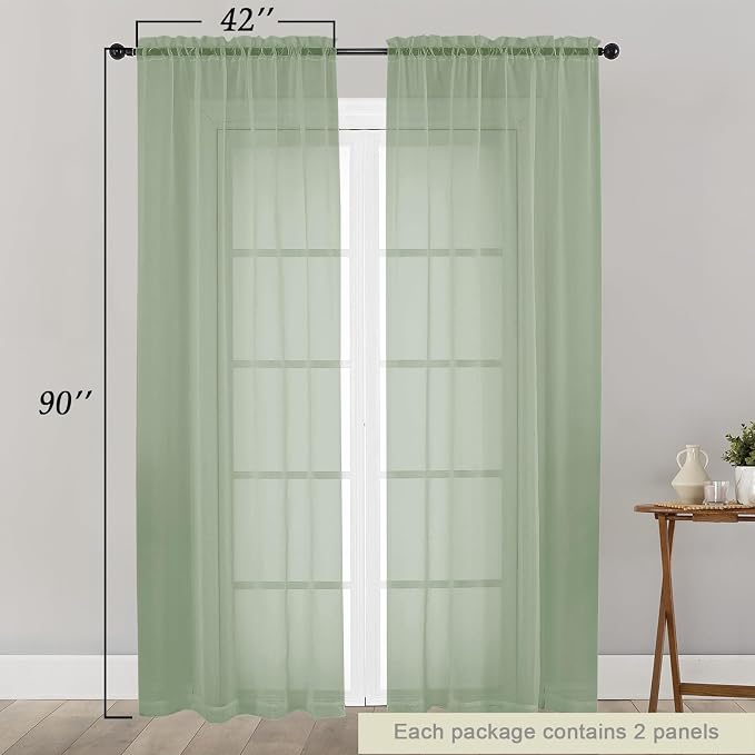 Sage Green Sheer Curtains for Bedroom Living Room 90 Inches Long 2 Panels Set - Image 2