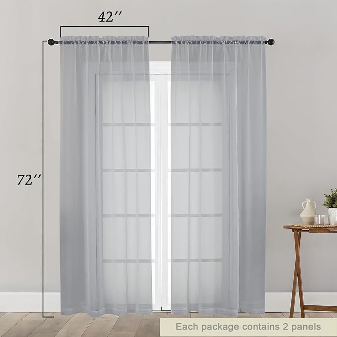 Light Grey Sheer Curtain for Bedroom Living Room 72 Inches Long 2 Panels Set - Image 2