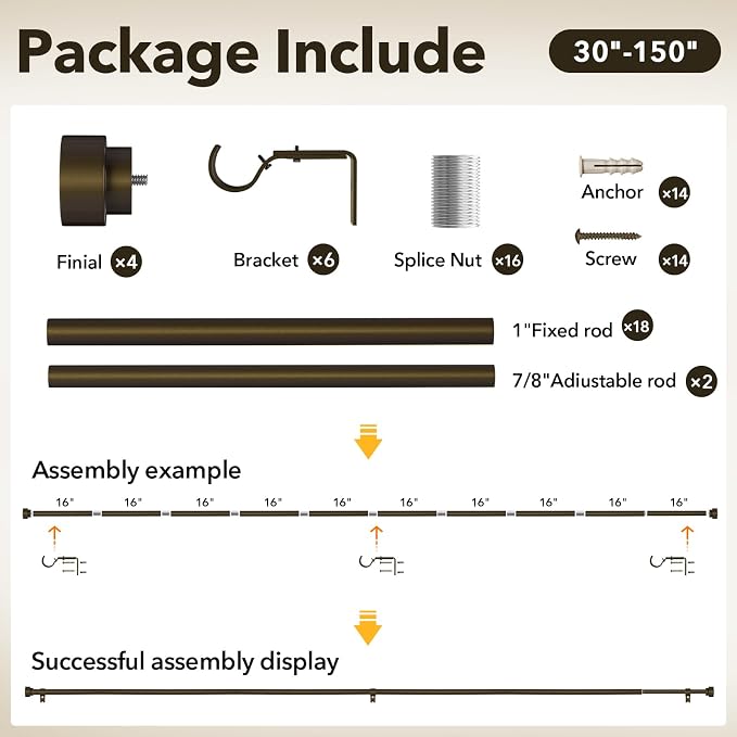 IFELS Heavy Duty Curtain Rods for Windows 72 to 144 Inch, 1 Inch Bronze Curtain - Image 7