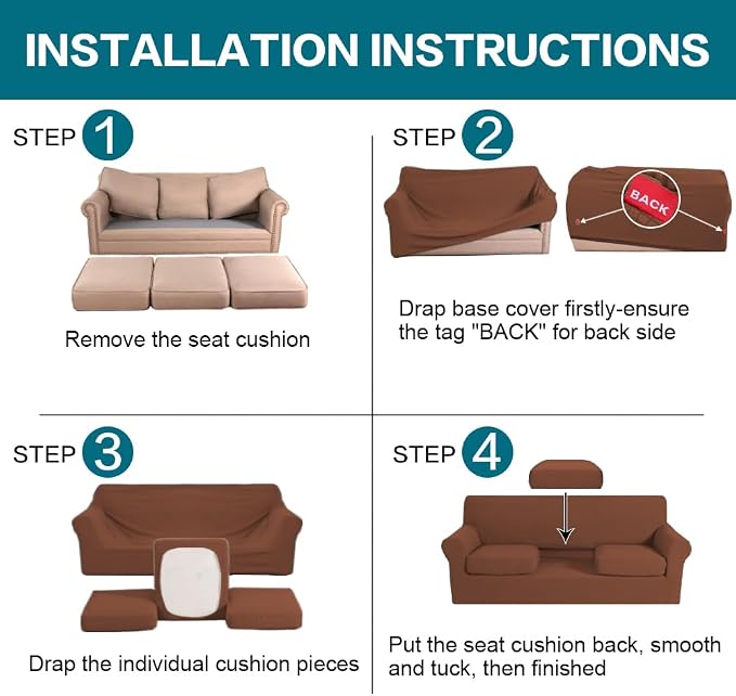 Turquoize 4 Piece Sofa Covers for 3 Cushion Couch Slipcover Soft Cover - Image 6