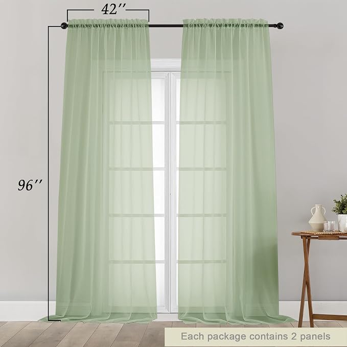 Light Green Sheer Curtains for Bedroom Living Room 96 Inches Long 2 Panels - Image 2