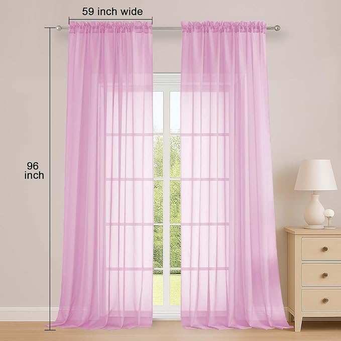 OWENIE Extra Long Pink Sheer Curtains 96 Inches Long 2 Panels Set, Soft - Image 2