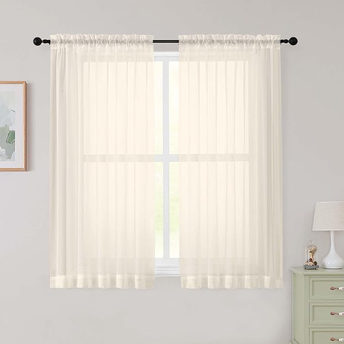 Cream Sheer Curtains for Bedroom Living Room 54 Inch Length 2 Panels Set by WelvetBLK