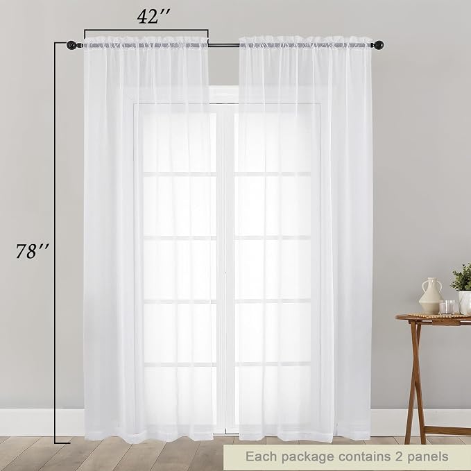 White Sheer Curtain for Bedroom Living Room 78 Inches Long 2 Panels Set - Image 2