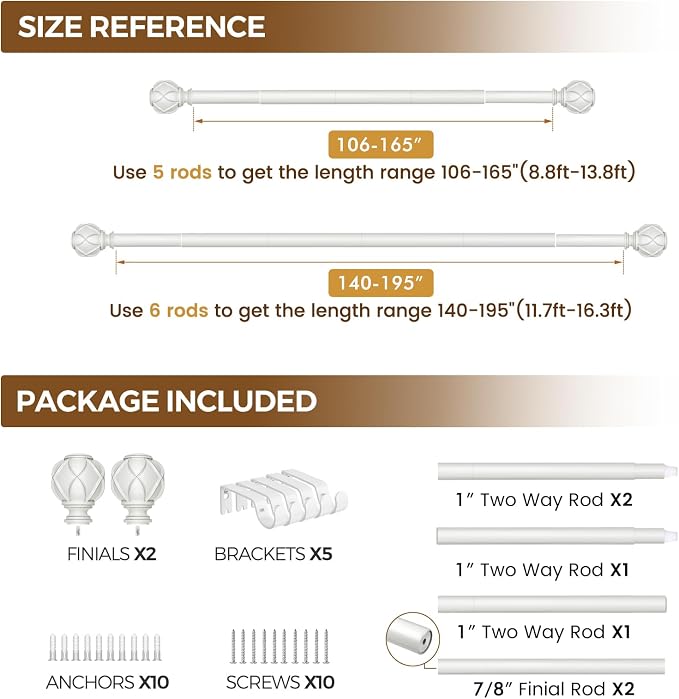 KAMANINA 1 Inch Extra Long Curtain Rod 140 to 195 Inches White Heavy Duty - Image 7