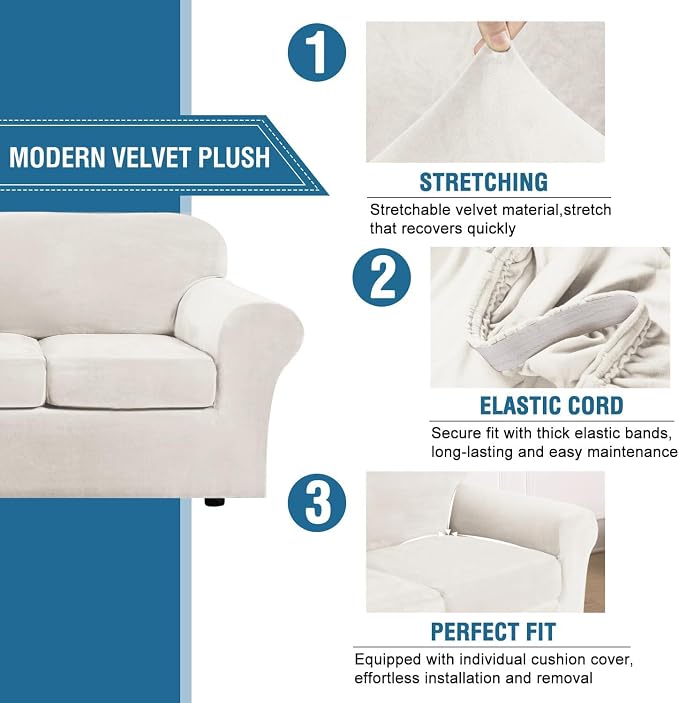H.VERSAILTEX Modern Velvet Plush 4 Piece High Stretch Sofa Slipcover Sofa Cover - Image 3