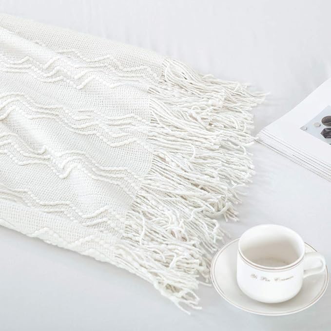 BOURINA Off White Throw Blanket 60x80 Inches Throw Textured Solid Soft Sofa - Image 3