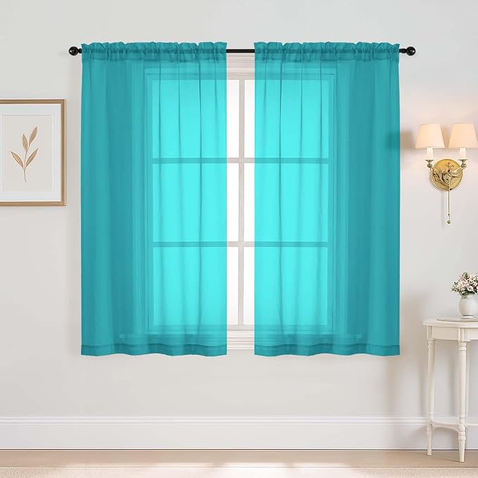 Turquoise Window Sheer Curtains 45 Inches Length, Voile Short Curtains by Home