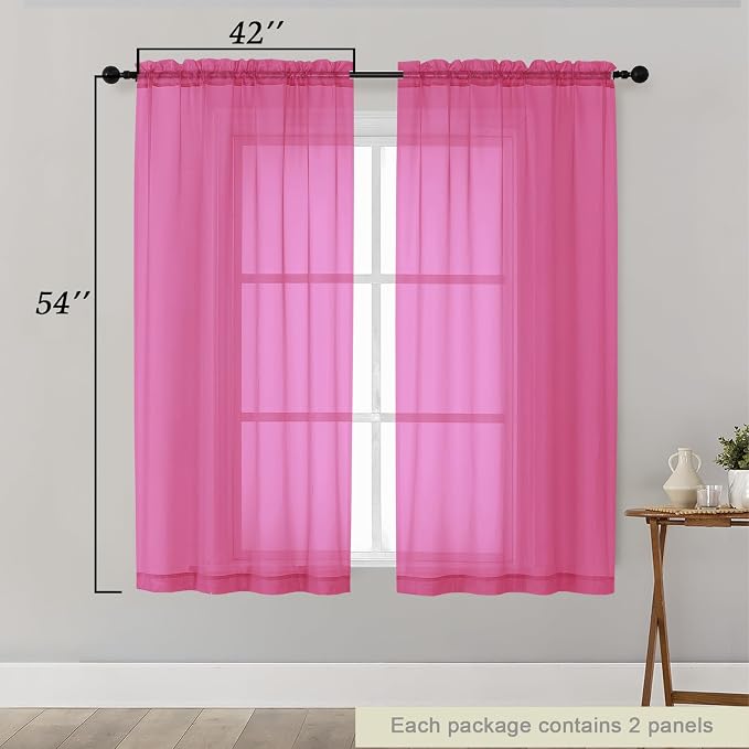 Hot Pink Sheer Curtains for Bedroom Living Room 54 Inch Length 2 Panels Set - Image 2
