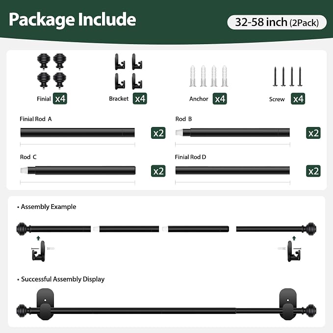 KAMANINA No Drill Curtain Rods for Windows 32 to 58 Inches, 5/8 Inch Renter - Image 8