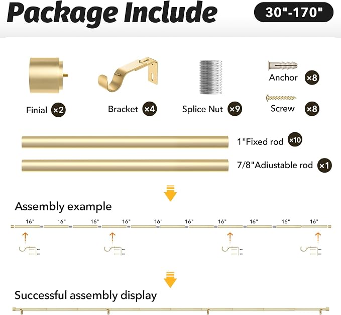 GEEBOBO Gold Curtain Rods for Windows 120 to 170 Inch, 1 Inch Extra Long Heavy - Image 6