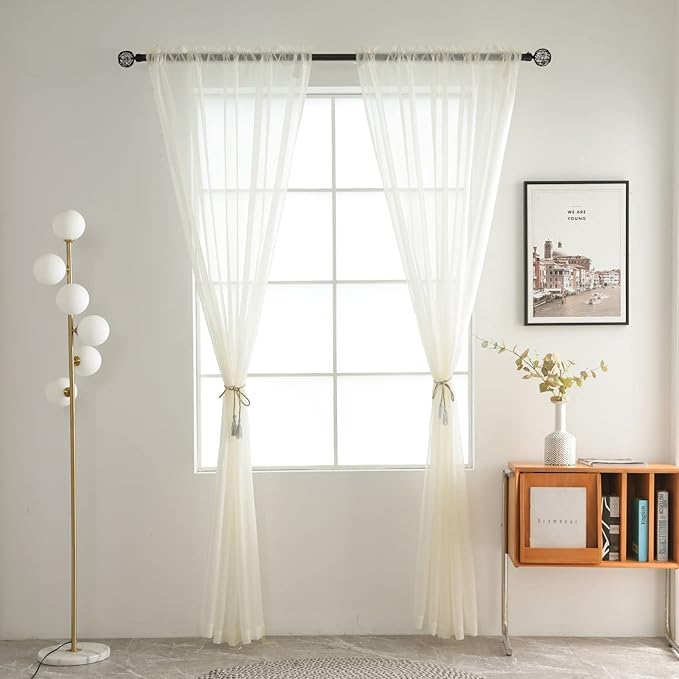 SpaceDresser Basic Rod Pocket Sheer Voile Window Curtain Tiers Ivory 2 Panels - Image 2