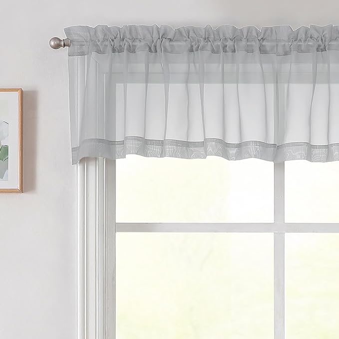 Light Grey Valances for Windows, Light Grey Sheer Curtains 14 Inch Length 2 by WelvetBLK