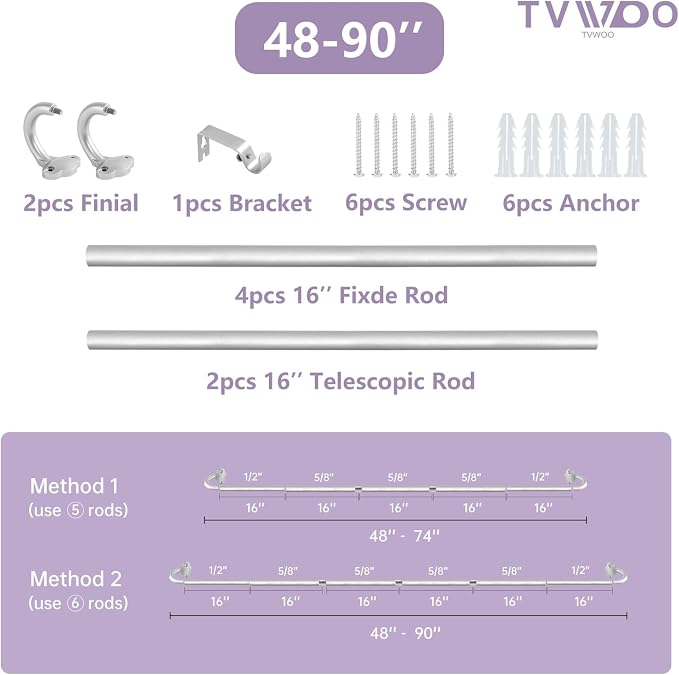 TVWOO Silver Wrap Around Curtain Rods:5/8 In Blackout Adjustable Window Curtain - Image 8