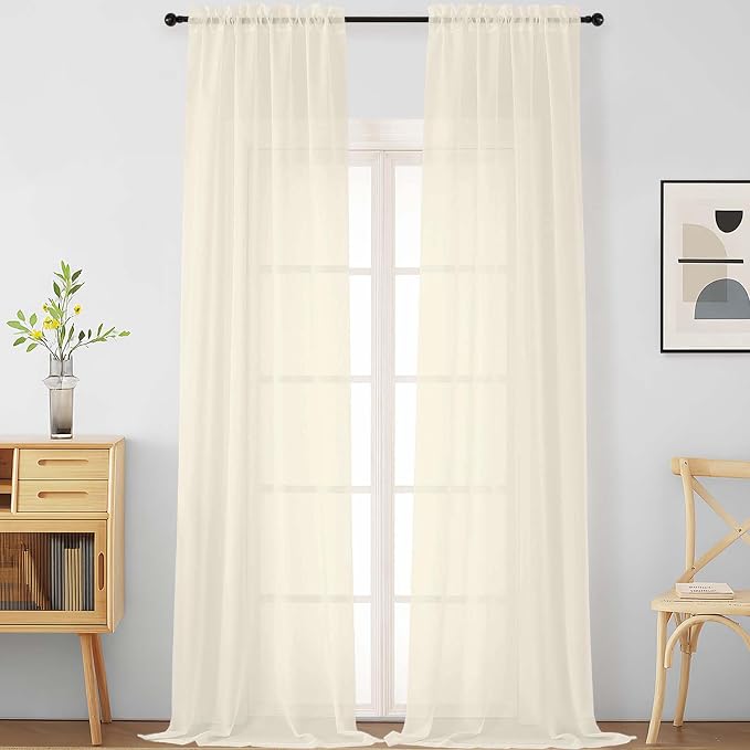 Cream Sheer Curtains for Windows 108 inches Long 2 Panels Set, Soft Lightweight by Home