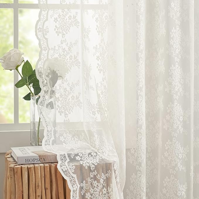 YJ YANJUN Vintage Lace Curtains 72 Inches Long- Antique Flowers Ivory Sheer by YJYANJUN