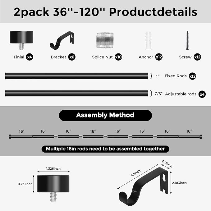 VOIIY 2 Pack Black Curtain Rods - Image 8