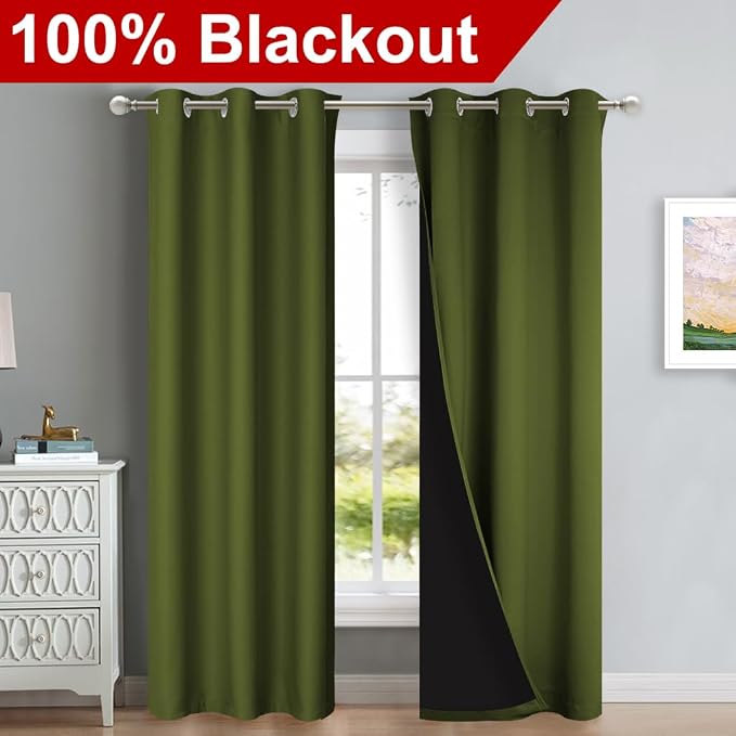 NICETOWN Olive Green Full Shade Curtain Panels, Olive Green, Pair of Thermal - Image 2