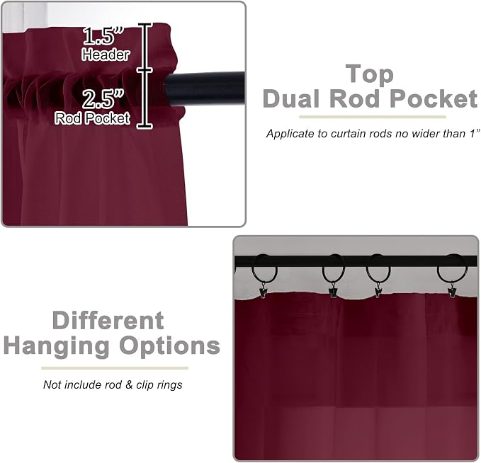 Burgundy Valances for Windows, Burgundy Sheer Curtains 14 Inch Length 2 Pack - Image 5