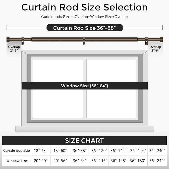 VOIIY Bronze Curtain Rods for Windows 48 to 84 Inch, Size:36-88 Inch, Antique - Image 5
