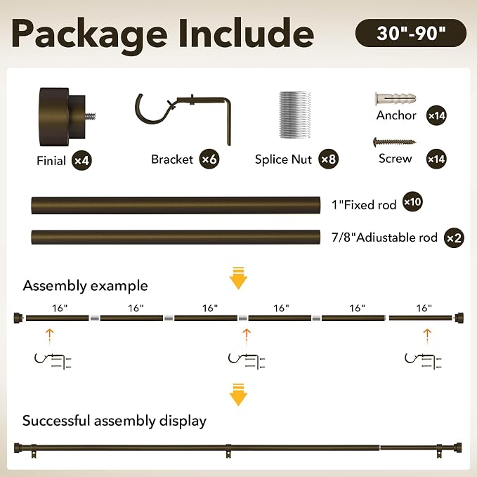 IFELS Heavy Duty Curtain Rods for Windows 48 to 84 Inch, 1 Inch Bronze Curtain - Image 7