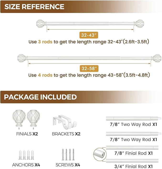 KAMANINA Curtain Rod 32 to 58 Inch, Heavy Duty White Curtain Rods - Image 8