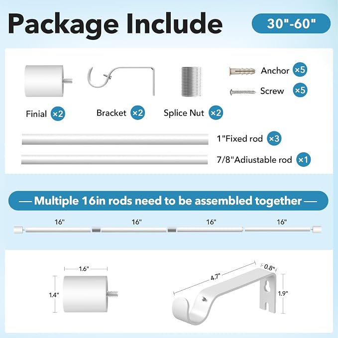 IFELS Heavy Duty Curtain Rods for Windows 28 to 48 Inch, 1 Inch White Curtain - Image 6