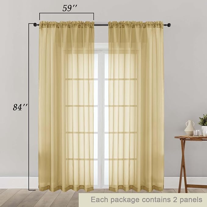 Gold Sheer Curtains 84 Inches Long 2 Panels Set - Image 2