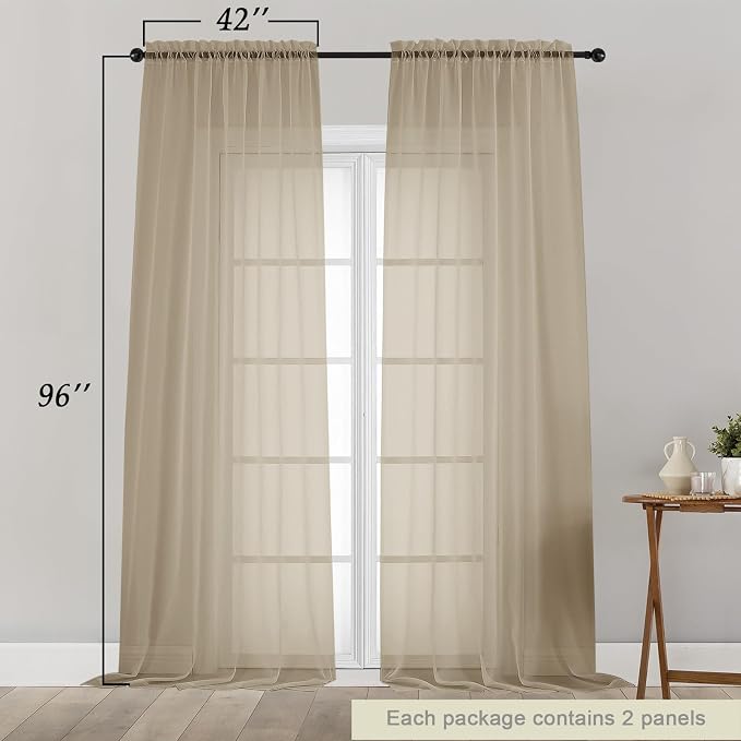 Taupe Sheer Curtains for Bedroom Living Room 96 Inches Long 2 Panels, Modern - Image 2