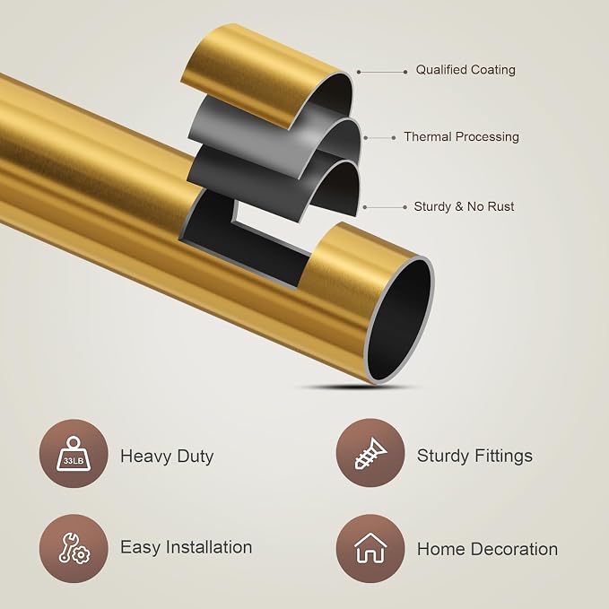 Lootkell Gold Curtain Rods for Windows 66 to 120 Adjustable Modern Curtain Rod - Image 7