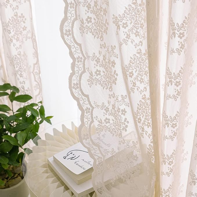 YJ YANJUN Vintage Lace Curtains 63 Inch Length 2 Panels Set Cute Floral Designs - Image 2