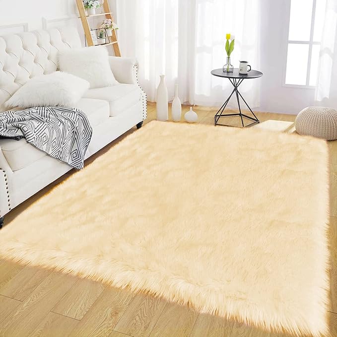 Latepis Yellow Shaggy Rug Bedroom Rugs 4x6 Area Rug Washable Faux Sheepskin Fur by Latepis