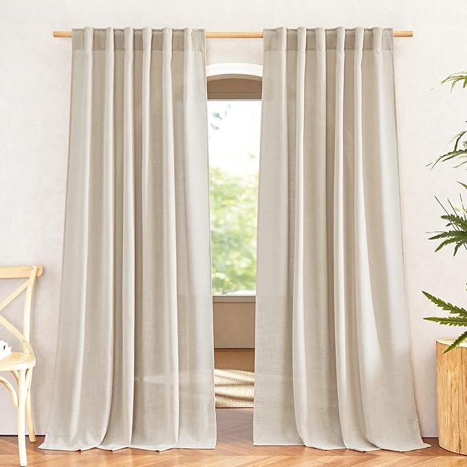 NICETOWN Linen Cream Curtains 90 inches Long, Rod Pocket & Back Tab Flax Linen by NICETOWN