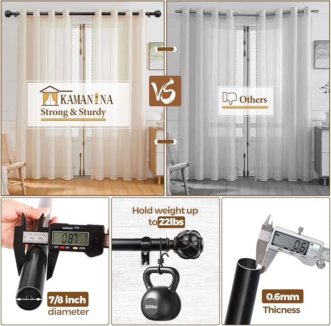 KAMANINA Black Curtain Rod for Windows 72 to 144 Inches Long Heavy Duty Curtain - Image 6