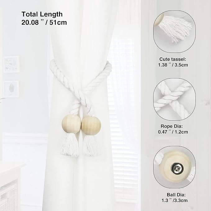 6 Pack Magnetic Curtain Tiebacks Cotton Hand Woven Tie Back Decorative Rope - Image 3