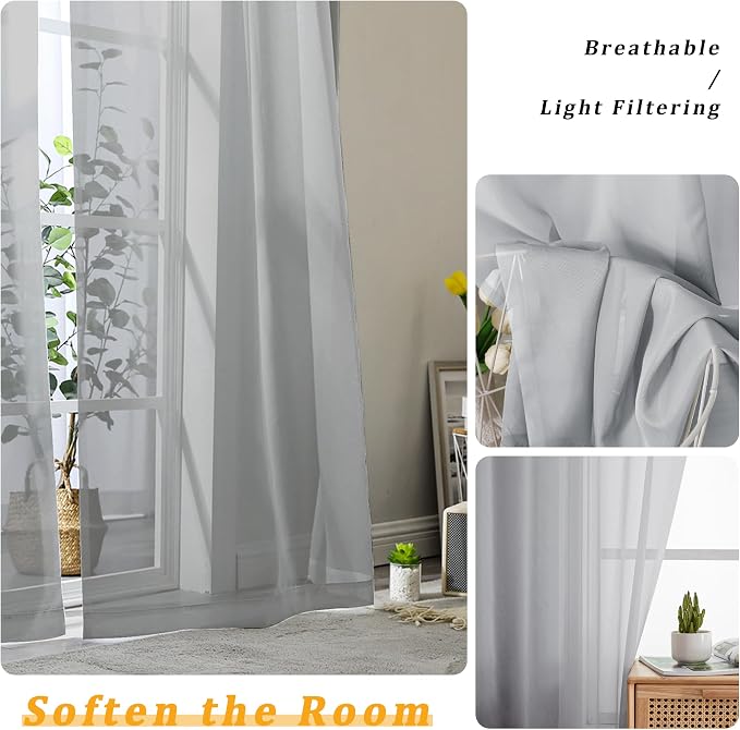 Gwine Light Grey Sheer Curtain Tiers 24 Inch Length, Light Filtering Voile - Image 4