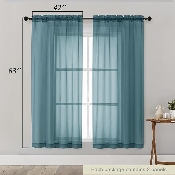 Sheer Dusty Blue Curtains for Bedroom Living Room 63 Inch Length 2 Panels - Image 2