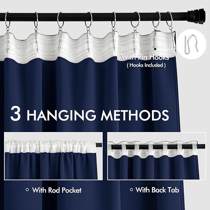 MIULEE Navy Blue Back Tab Blackout Curtain 96 Inch Long 2 Panels Set - Image 3