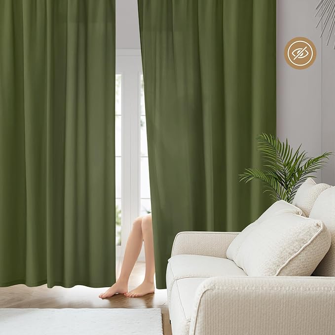 HOMEIDEAS Non-See-Through Olive Green Privacy Sheer Curtains, 52 X 45 Inches - Image 2