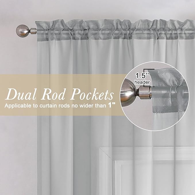 Lecloud Light Grey Sheer Curtains 54 Inch Length 2 Panels, Airy & Breathable - Image 2